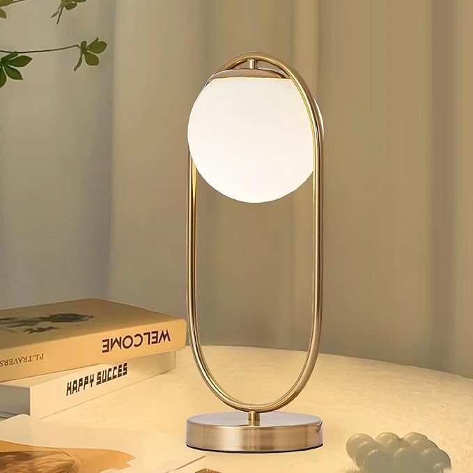 Mid Century Modern Table Lamp White Glass Shade Nightstand Lamp Small Gold Table Lamp for Bedside Bedroom Living Room Office