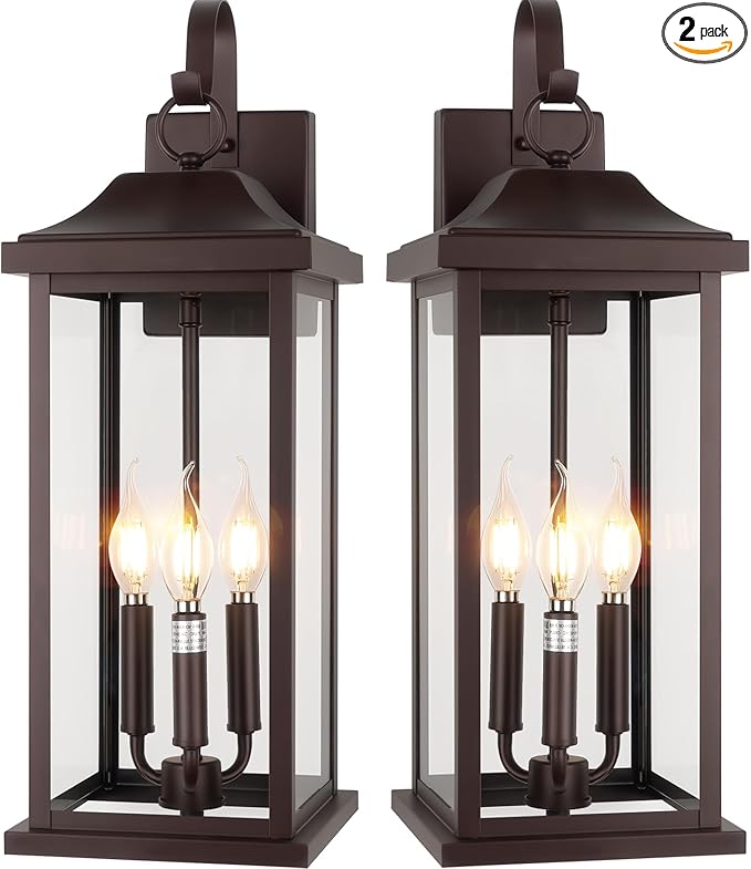 23” Extra Large 3-Light Oil Rubbed Bronze Outdoor Light Fixtures 2 Pack, IP65 Waterproof Vintage Outside Lights for House Brown Front Porch Light Lanterns Exterior Coach Lights, E12
