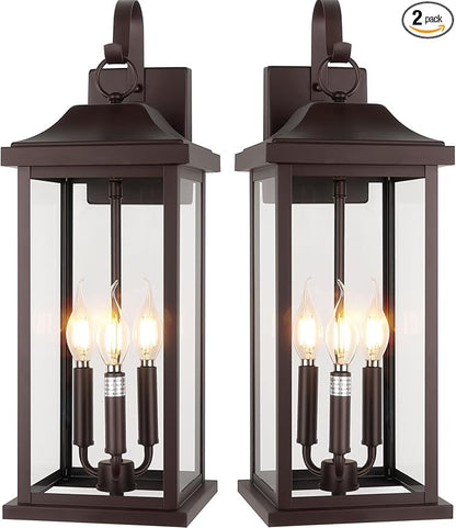 23” Extra Large 3-Light Oil Rubbed Bronze Outdoor Light Fixtures 2 Pack, IP65 Waterproof Vintage Outside Lights for House Brown Front Porch Light Lanterns Exterior Coach Lights, E12