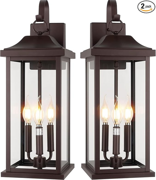 23” Extra Large 3-Light Oil Rubbed Bronze Outdoor Light Fixtures 2 Pack, IP65 Waterproof Vintage Outside Lights for House Brown Front Porch Light Lanterns Exterior Coach Lights, E12