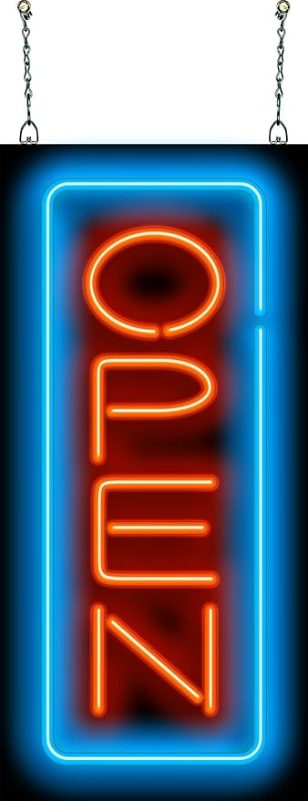 Vertical Neon Open Sign - Compact Size - 11" wide x 24" high - Real, Quality Hand Bent Neon Sign - Red Letters with a Blue Outer Border