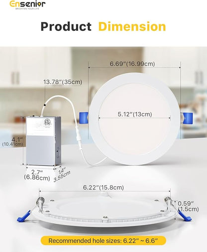 Ensenior 24 Pack 6 Inch LED Recessed Ceiling Light, Dimmable, 2700K-6000K 6CCT, 1050LM 12W 120V, High Brightness Canless Wafer Downlight - ETL&FCC&IC
