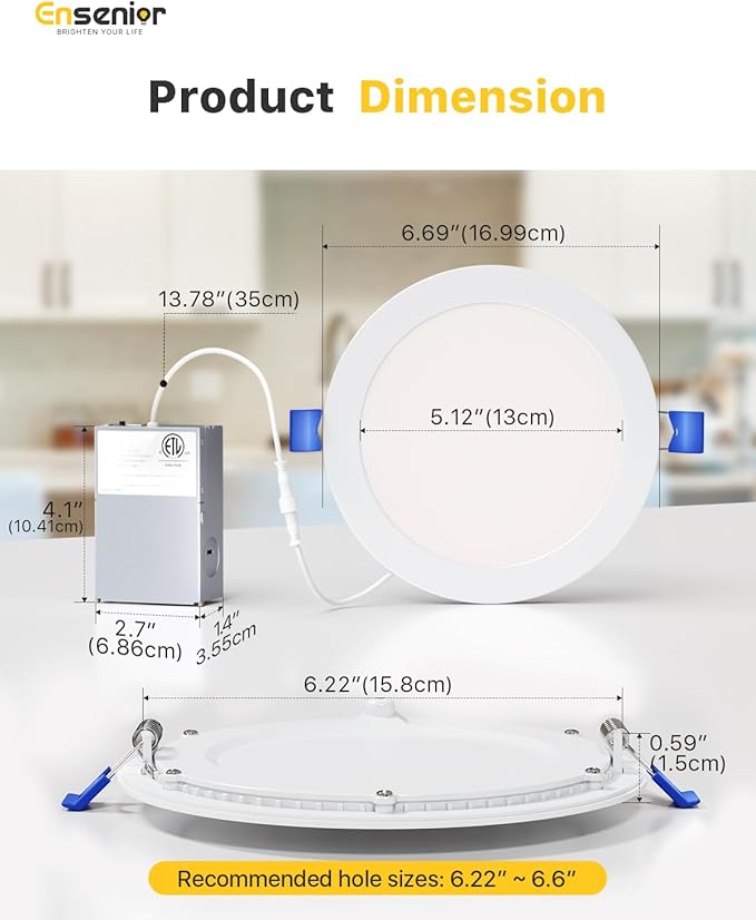 Ensenior 24 Pack 6 Inch LED Recessed Ceiling Light, Dimmable, 2700K-5000K 5CCT, 1200LM 12W 120V, High Brightness Canless Wafer Downlight - ETL&FCC&IC