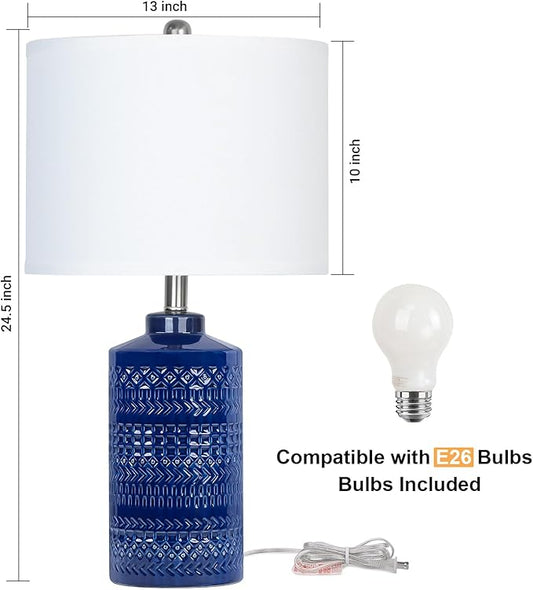 24.5" Navy Blue Table Lamp Modern Bedside Ceramic Lamps for Living Room 3-Way Dimmable Entryway Nightstand Farmhouse Lamp for Home Office Bedroom, Bulb Included