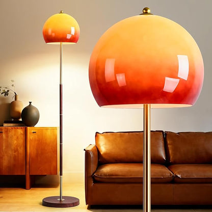 Orange Mushroom Floor Lamp, Vintage Floor Lamp with Gradient Glass Shade & Walnut Color Finish - Mid Century Modern Brushed Gold Standing Lamp for Living Room, Bedroom, Office