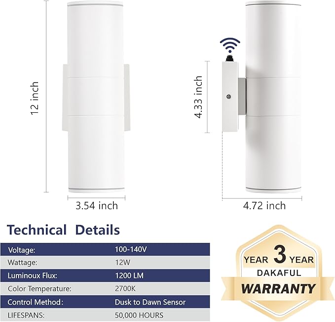 Dusk to Dawn Outdoor Lighting Sensor Wall Lights 2Pack, 12W 2700K Integrated LED Cylinder Up Down Lights Outdoor, IP65 Waterproof Aluminum Exterior Wall Sconce for Porch Patio.