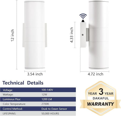 Dusk to Dawn Outdoor Lighting Sensor Wall Lights 2Pack, 12W 2700K Integrated LED Cylinder Up Down Lights Outdoor, IP65 Waterproof Aluminum Exterior Wall Sconce for Porch Patio.