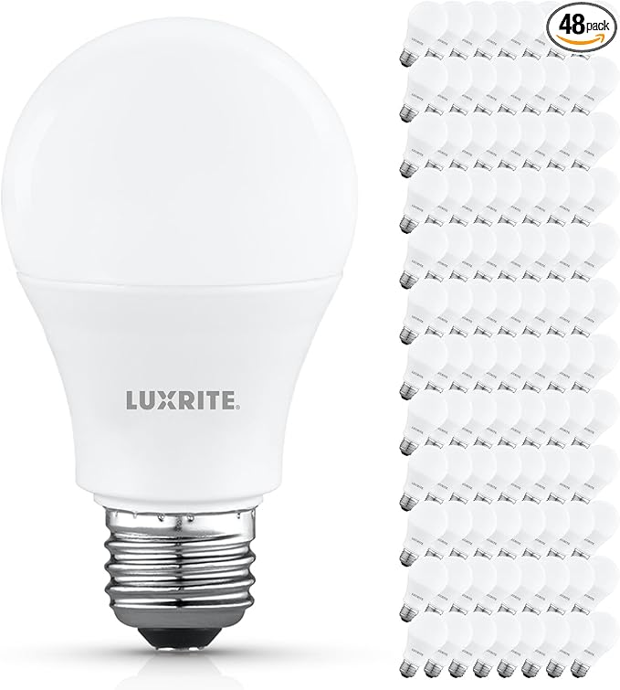 LUXRITE A19 LED Light Bulb 60 Watt Equivalent, Non-Dimmable, 5000K Bright White, 800LM, Standard LED Light Bulbs 8W, E26 Base, Enclosed Fixture Rated, Damp Rated, ETL Listed (96 Pack)