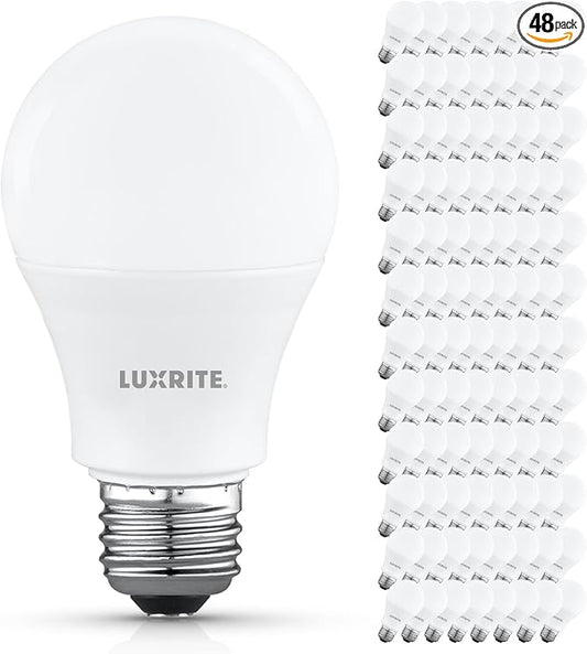 LUXRITE A19 LED Light Bulb 60 Watt Equivalent, Non-Dimmable, 5000K Bright White, 800LM, Standard LED Light Bulbs 8W, E26 Base, Enclosed Fixture Rated, Damp Rated, ETL Listed (96 Pack)