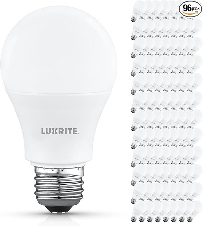 LUXRITE A19 LED Light Bulb 60 Watt Equivalent, Non-Dimmable, 2700K Warm White, 800LM, Standard LED Light Bulbs 8W, E26 Base, Enclosed Fixture Rated, Damp Rated, ETL Listed (96 Pack)