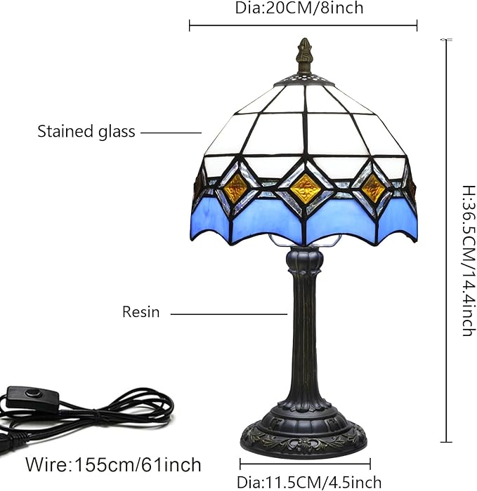 Blue and White Lamp Small Tiffany Lamps Bedside for Bedroom Dector Light Stained Glass Table Lamp Living Room Night Lamp Farmhouse Cute 8 Inch Aesthetic Mediterranean Mosaic Nightstand Desk Lamps E26
