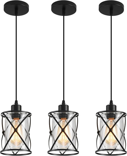 3 Lights Industrial Pendant Light with Glass Shade Matte Black Pendant Lighting Adjustable Industrial Retro Style Hanging Light,Kitchen Island Farmhouse Pendant Lights Fixtures for Kitchen,Farmhouse