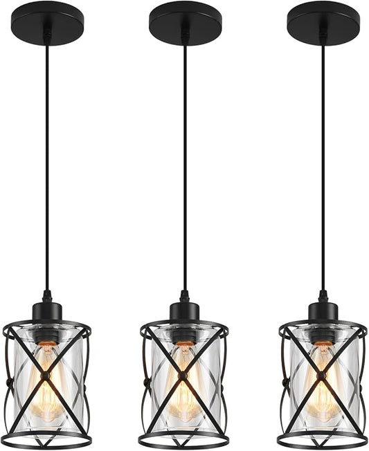3 Lights Industrial Pendant Light with Glass Shade Matte Black Pendant Lighting Adjustable Industrial Retro Style Hanging Light,Kitchen Island Farmhouse Pendant Lights Fixtures for Kitchen,Farmhouse