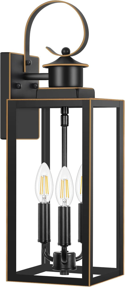 3-Light Outdoor Wall Light Fixtures, 19 Inch Large Waterproof Exterior Wall Sconces with Glass Shades, Black with Gold Trim Anti-Rust Outside Wall Lantern for House, Front Porch, Patio, Garage