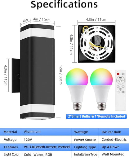 Smart Outdoor RGB Wall Lights, Wi-Fi & App Control Color Changing Up and Down Wall Sconce with Remote, Dusk to Dawn Waterproof Exterior Light Fixture Works with Alexa, Google Assistant, Black Finish