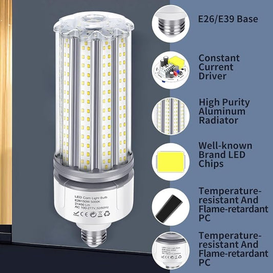150W LED Corn Cob Light Bulb 2Pack, 700W MH/HPS Equivalent, 5000K Daylight, E26 Base with E39 Mogul Base adapters, Commercial Industrial Lighting Gyms Garage Workshop Bay Light Fixture