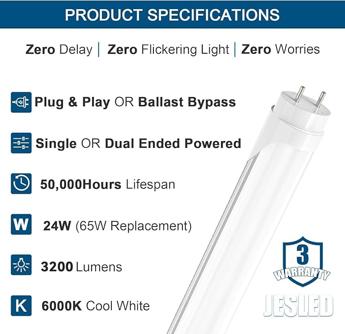 JESLED 4FT LED T8 Type A+B Tube Lights, 24W(65W Equiv.), 3200LM, 6000K, Single or Double End Powered, Plug and Play or Ballast Bypass, 4 Foot T10 T12 Fluorescent Bulbs Replacement, Frosted(25-Pack)