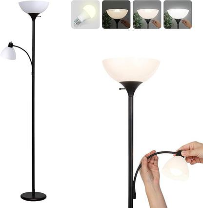 Brightech Sky Dome Plus LED Floor lamp, Torchiere Super Bright Floor Lamp with Reading Lamp for Living Rooms & Offices - Dimmable Tall Standing Lamp for Bedroom Reading - Black
