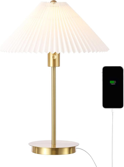 JONATHAN Y JYL1149A 21.25" Modern Glam Metal Table Lamp with USB Charging Port, Brass Gold Bedside Lamp for Bedroom, Living Room, Minimalist Desk Lamp with White Pleated Shade, LED Bulb Included