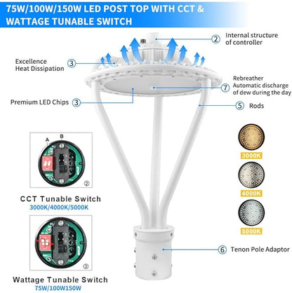 LED Post Top Light 75/100/150W Adjustable 19500 LM 3000/4000/5000K LED Circular Area Light Outdoor Pole Lights with Photocell, IP67 Parking Lot Lights Fixture Commercial Lighting, 100-277V