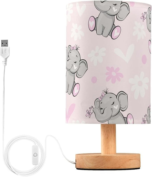 Bedside Lamp Cute Elephant Pink Flower Table Lamp for Bedroom LED Nightstand Lamp Shade USB Ports Wood Base for Living Room Dorm Office