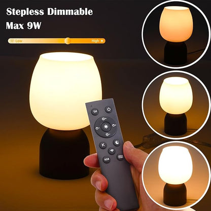 Small RGB Table Lamp for Bedroom, Remote Control Color Changing Desk Lights, with White Opal Glass Lamp Shade, for Living Room Nightstand,Black Wood