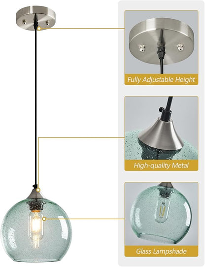 Light Green Glass Pendant Lights Kitchen Island Lighting Globe Pendant Light Fixtures Modern Pendant Lighting for Bedroom Living Dining Room Light Fixture (7.87 in, 1 Pack)