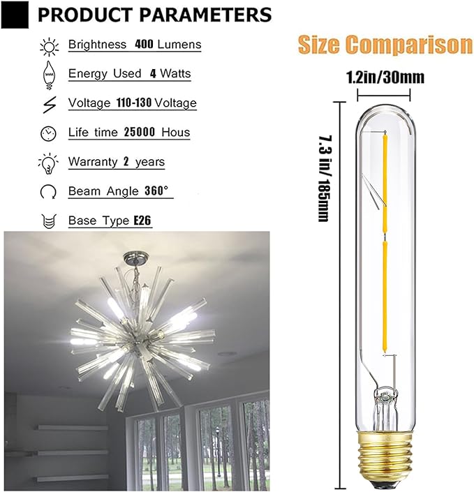 Leools T10 LED Bulb 4W Dimmable E26 Base Tubular Light Bulb 4000K Daylight 40W Equivalent 400lm T9 T8 Bulb for Rustic Pendant, Wall scones Tube Light Desk Lamp Vintage Edison Long Light Bulb,4Pcs