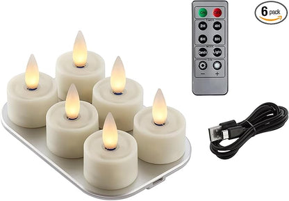 Rechargeable Flameless Tealights Candle with Remote Timer, 3D Moving Flame Led Tealight Candles (Includes Remote Control, Charging Base, and USB Cable) (Ivory, 1.4in)