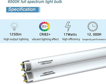 12pack 24 inch F17T8/865/DX Fluorescent Light Bulb, 17Watts Full Spectrum 6500K Daylight, 2FT T8 Linear Tube 1250lumen High Efficient
