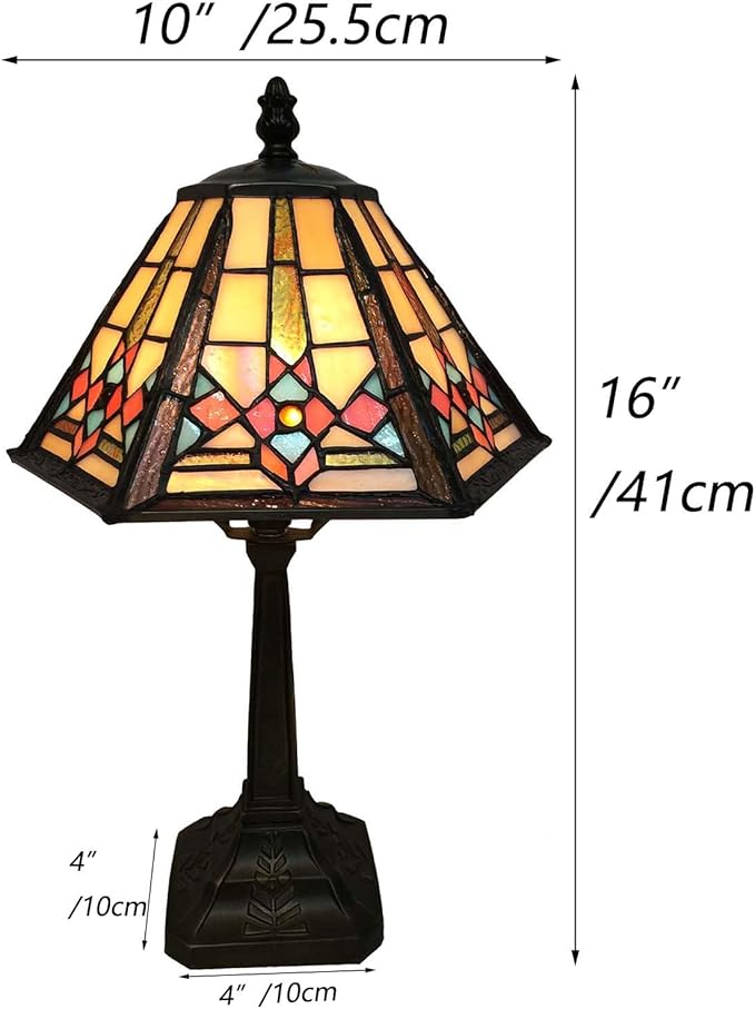Bieye L10791 Mission Style Table Lamp Tiffany Stained Glass Night Light with Hexagonal Cone Lampshade, 10" W x 16" H
