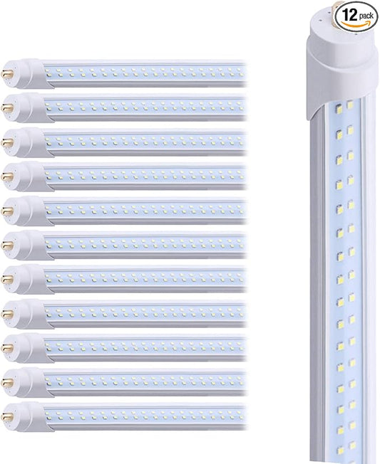 SOMLIGHT 8ft LED Tube Light 65W, Fa8 Base Single Pin, Double Ended Ballast Bypass, 6000K Cold White, Double Row LED Shop Lights,Fluorescent Tube Replacement (12Pack)