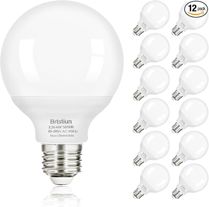 G25 LED Light Bulbs, Round Vanity Light Bulbs for Bathroom, 40W Equivalent, Daylight White 5000K, E26 Base Globe Light Bulb, 600LM, Non-Dimmable, 12-Pack