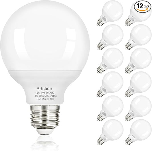 G25 LED Light Bulbs, Round Vanity Light Bulbs for Bathroom, 40W Equivalent, Daylight White 5000K, E26 Base Globe Light Bulb, 600LM, Non-Dimmable, 12-Pack