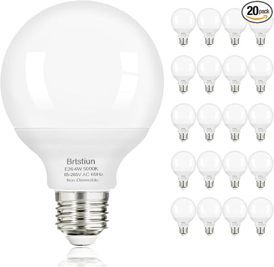 G25 LED Light Bulbs, Round Vanity Light Bulb for Bathroom, 40W Equivalent, Daylight White 5000K, E26 Base Globe Light Bulbs, 600LM, Non-Dimmable, 20-Pack
