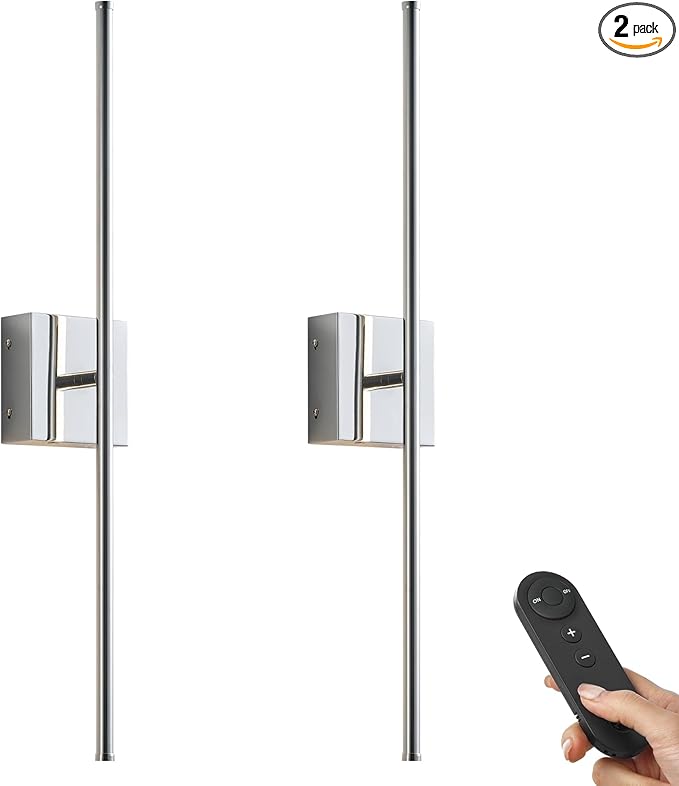 Battery Operated Wall Sconces with Remote Control, Dimmable Wall Sconces Set of Two, 350°Rotate, 3000K LED Chrome Wireless Wall Light for Living Room, Hallway, Bedroom, 32.2 Inch (2 Pack)
