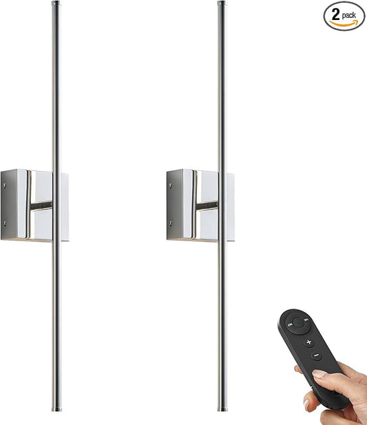 Battery Operated Wall Sconces with Remote Control, Dimmable Wall Sconces Set of Two, 350°Rotate, 3000K LED Chrome Wireless Wall Light for Living Room, Hallway, Bedroom, 32.2 Inch (2 Pack)