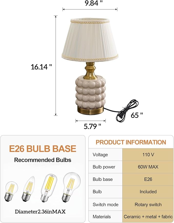 Vintage Lamp for Bedroom,Unique Lamps Cracked Ceramic lamp,UL Rotary Switch Control Pleated lamp Shade,Small Table lamp for Living Room Decor Kitchen Lighting (White+Pleated)