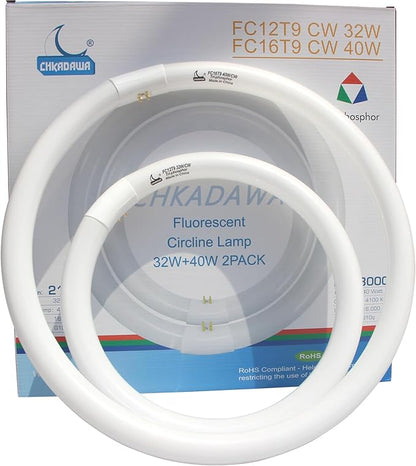 FC12T9/CW 32W and FC16T9/CW 40W Cool White Set, Round Fluorescent Light Bulb 12 inch T9 32 Watts & 16 inch 40 Watts Circular Bulb, Circline Kitchen and Bath Light Bulbs, 4100K, G10q 4 pin Prong