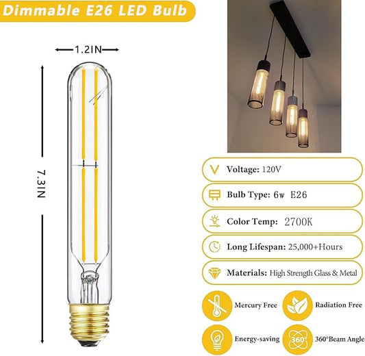 Tubular Light Bulb 7.3 Inch E26 LED Bulb Dimmable 6W 60 Watt Long Light Bulb,Warm White 2700K, AC120V,600LM,T10 led Bulb for Rustic Pendant,Industrial Wall sconces E26 Light Bulbs 4Pack(6W-2700K)