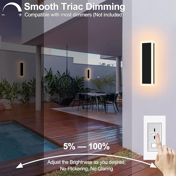 2-Pack 18IN Modern Outdoor Wall Light LED Long Wall Lighting Fixture IP65 Waterproof Wall Lamps, Dimmable 18W 1620LM Black Wall Sconce, 3000K/4000K/5000K Selectable, ETL Listed