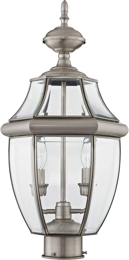 Livex Lighting 2254-91 Monterey 2 Light Outdoor Brushed Nickel Finish Solid Brass Post Head with Clear Beveled Glass