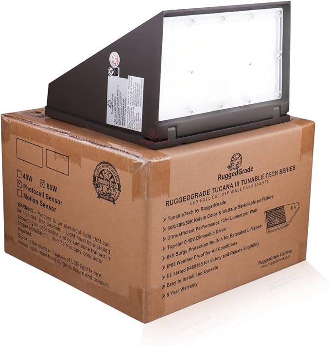 RuggedGrade 80W - Tucana III TunableTech Series - LED Wall Pack Light with Photocell - 11,200 Lumens - Color Selectable 3000K/4000K/5000K - Outdoor LED Light - DLC 5.1 Premium