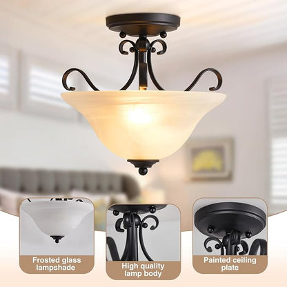 Luvkczc Retro Semi Flush Mount Ceiling Light,Black Ceiling Light Fixture, Mid Century Ceiling Light Modern Glass Close to Ceiling Light for Bedroom Kitchen Porch Hallway,Bulbs Not Included