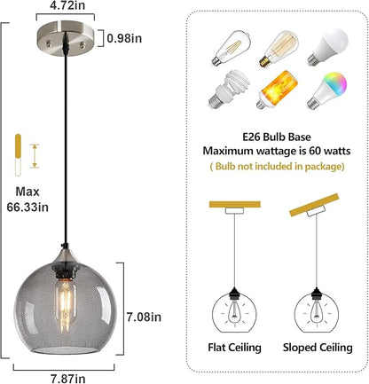 Light Grey Glass Pendant Lights Kitchen Island Lighting Globe Pendant Light Fixtures Modern Pendant Lighting for Bedroom Living Dining Room Light Fixture (7.87 in, 3 Pack)