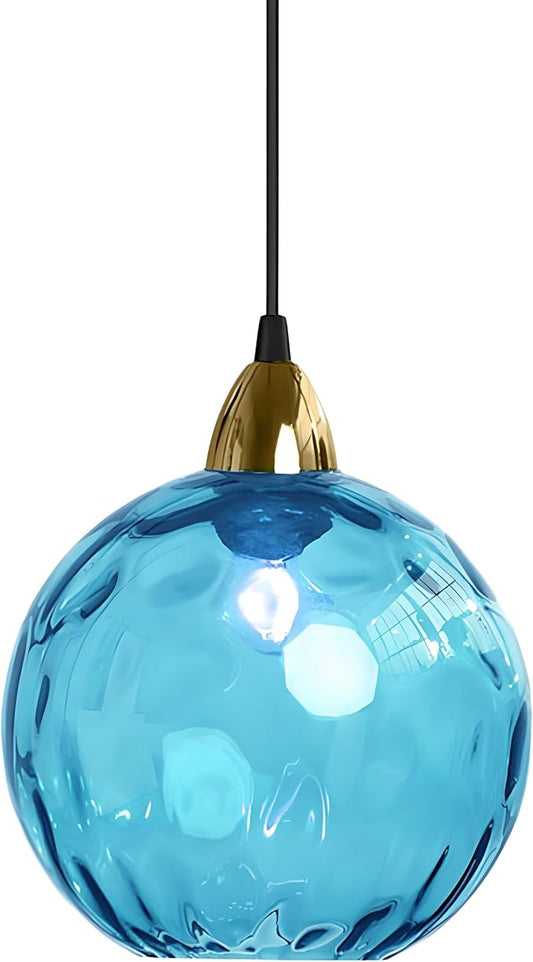 15cm/5.9’’ Industrial Vintage Spherical Glass Pendant Light, E26 Ceiling Hanging Lamp, Gold Finish & Ripple Glass Globe Shade, Dining Room Bedroom Chandelier (Azure Blue)