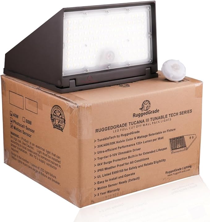 RuggedGrade 40W - Tucana III Series - LED Wall Pack Light with Photocell & Motion Sensor - 5,800 Lumens - Color Selectable 3000K/4000K/5000K - Outdoor LED Light - DLC 5.1 Premium