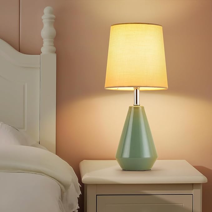Small Bedside Table Lamp for Bedroom - Reading Desk Lamp with 3 Color Temperatures，15.5" Nightstand Ceramic Lamp with Fabric Shade for Kids Room,Living Room,Dorm,Home Office (Green)