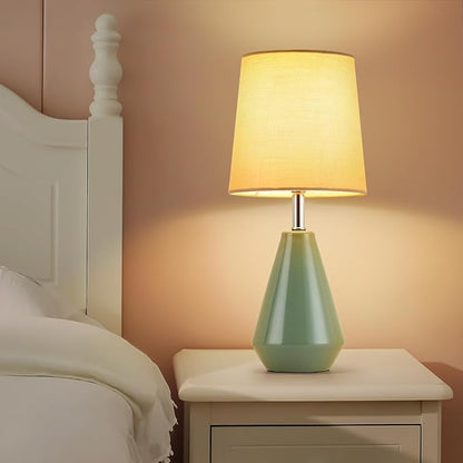 Small Bedside Table Lamp for Bedroom - Reading Desk Lamp with 3 Color Temperatures，15.5" Nightstand Ceramic Lamp with Fabric Shade for Kids Room,Living Room,Dorm,Home Office (Green)