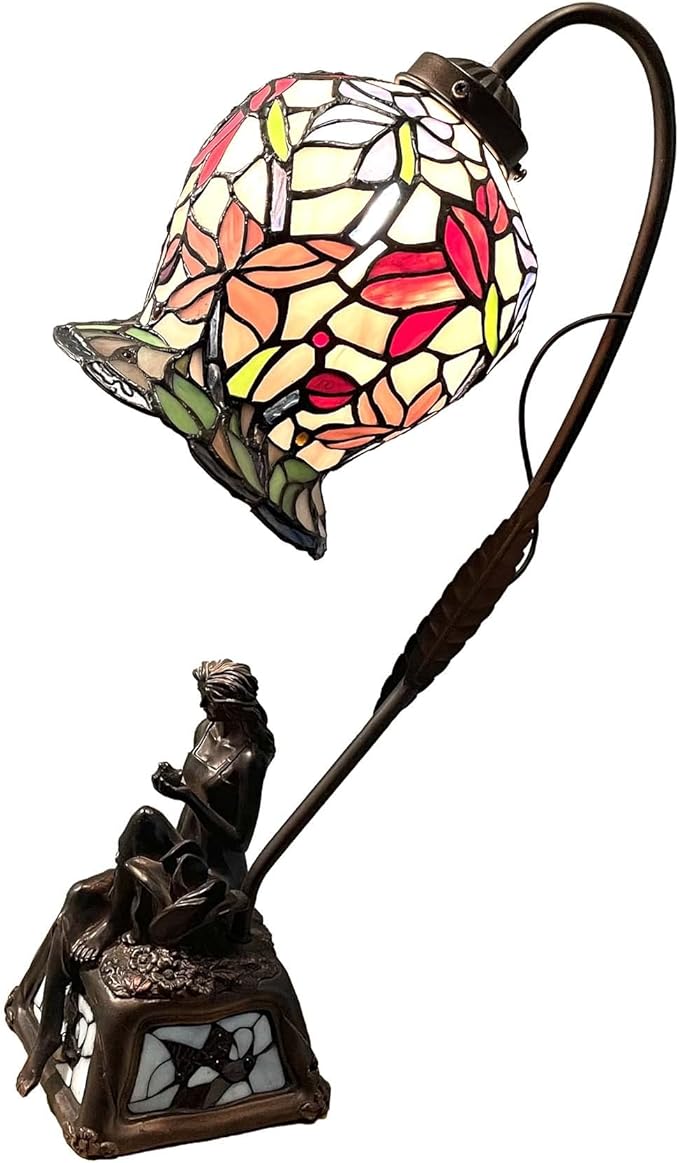 Bieye L10624 Lily Flower Tiffany Style Stained Glass Table Lamp with Girl Lamp Base for Living Room Bedside Home Decoration, 20 inches Tall